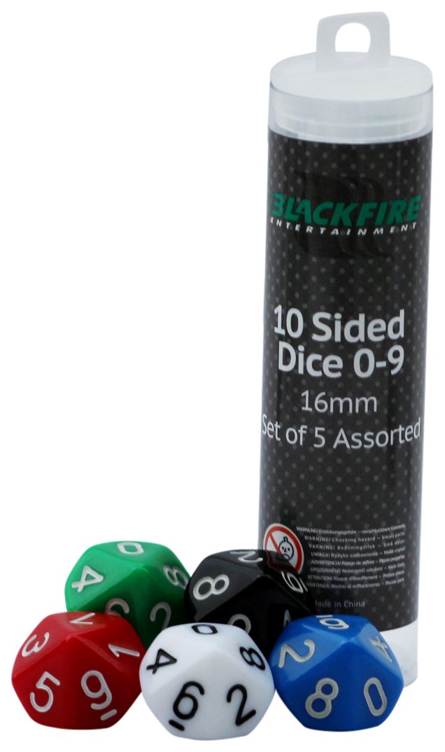 ADC Blackfire Entertainment 91494 16 mm Assorted Red/Blue/Green/White and Black D10 Dice Set (5-Piece)
