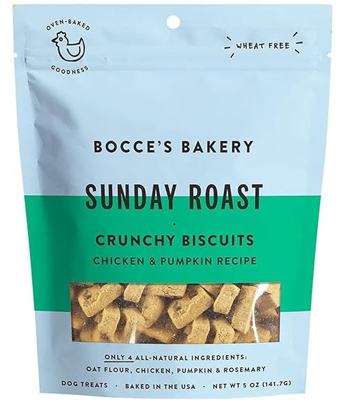 BOCCE’S BAKERY OVEN BAKED SUNDAY ROAST TREATS FOR DOGS, EVERYDAY WHEAT-FREE DOG TREATS, MADE WITH REAL INGREDIENTS, BAKED IN THE USA, ALL-NATURAL CHICKEN & PUMPKIN BISCUITS, 5 OZ