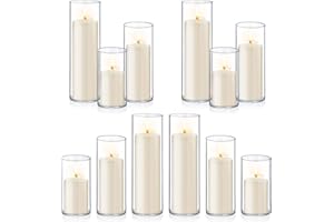 HOMJOY 24 PCS Ivory White Pillar Candles with Glass Candle Holders Clear Hurricane Candle Holders Glass Cylinder Vases for Centerpieces Wedding Party, Event, Home Office (12 Candles+12 Candle Hoders)