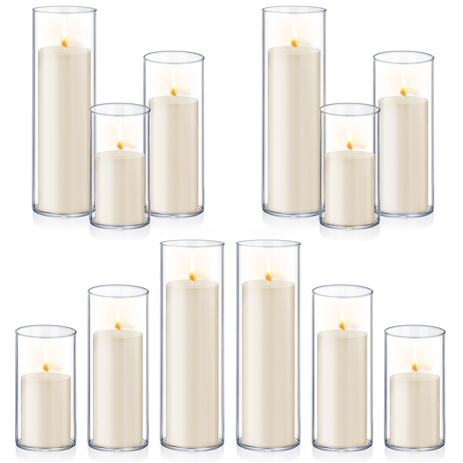 Photo 1 of 24 PCS Ivory White Pillar Candles with Glass Candle Holders Clear Hurricane Candle Holders Glass Cylinder Vases for Centerpieces Wedding Party, Event, Home Office (12 Candles+12 Candle Hoders)