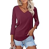 ORANDESIGNE Women's 3/4 Sleeves V Neck T Shirts Color Block Casual Summer Tops Fashion Loose Shirts Tees