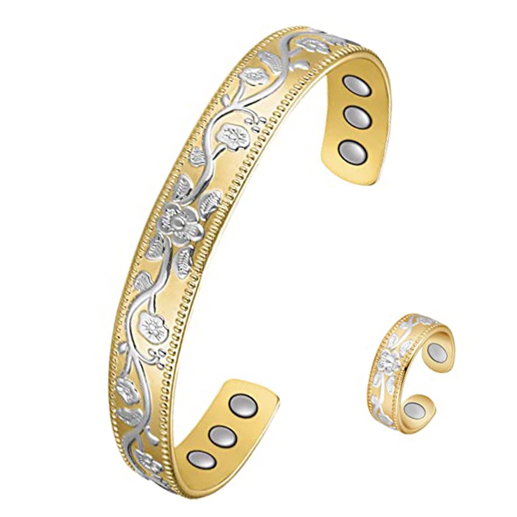 Jecanori Lymph Drainage Copper Magnetic Bracelet and Magnetic Ring for Men Woman,Retro Plum Pattern Bracelet with 6 Strong Magnets and Ring with 2 Magnets,Adjustable Open Size and Gift Box