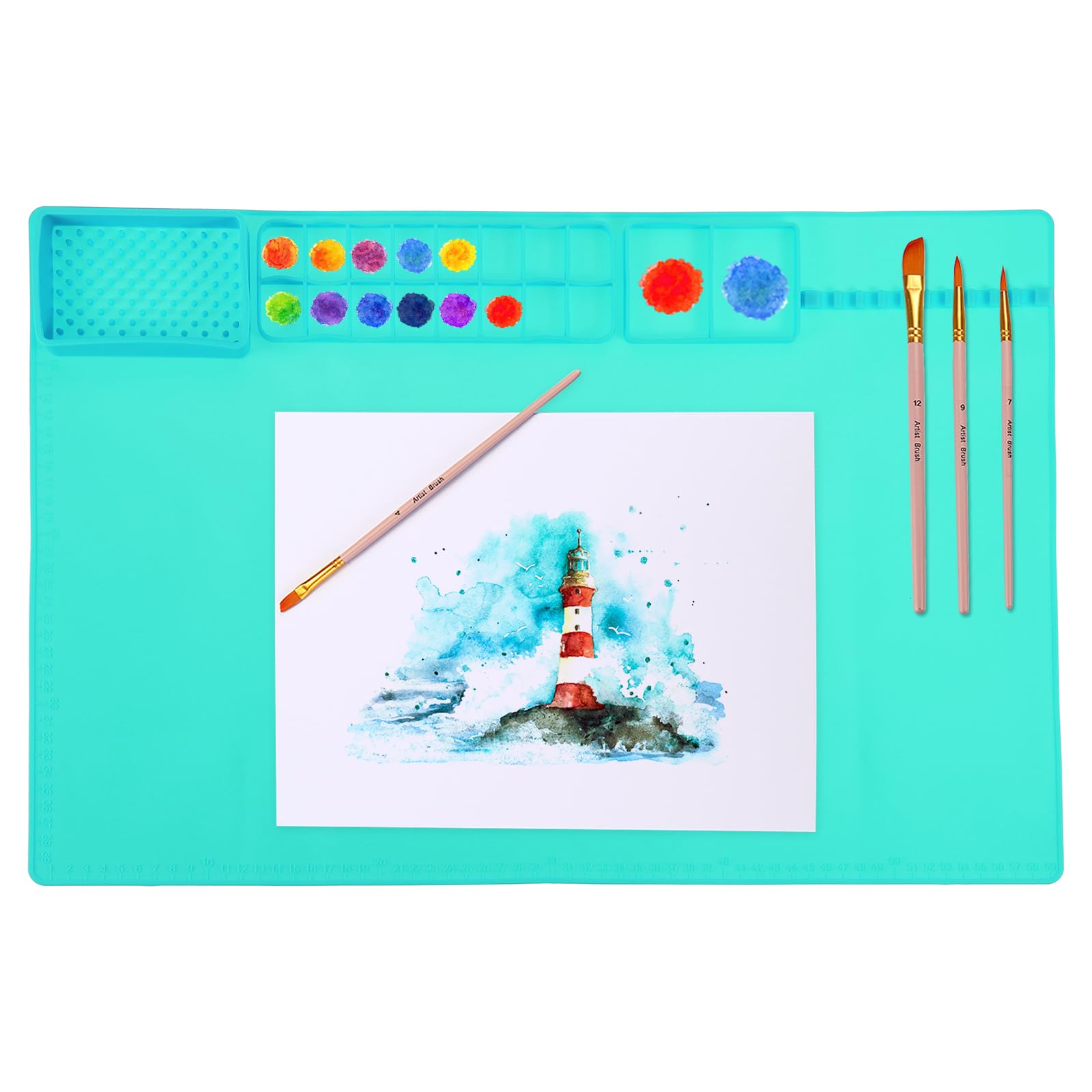 PATIKIL 24" x 16" Silicone Craft Mat, Nonstick Silicone Painting Sheets Art Mats for Resin Drawing DIY Clay, with 16 Color Dividers Brush Holder and Cleaning Cup, Green