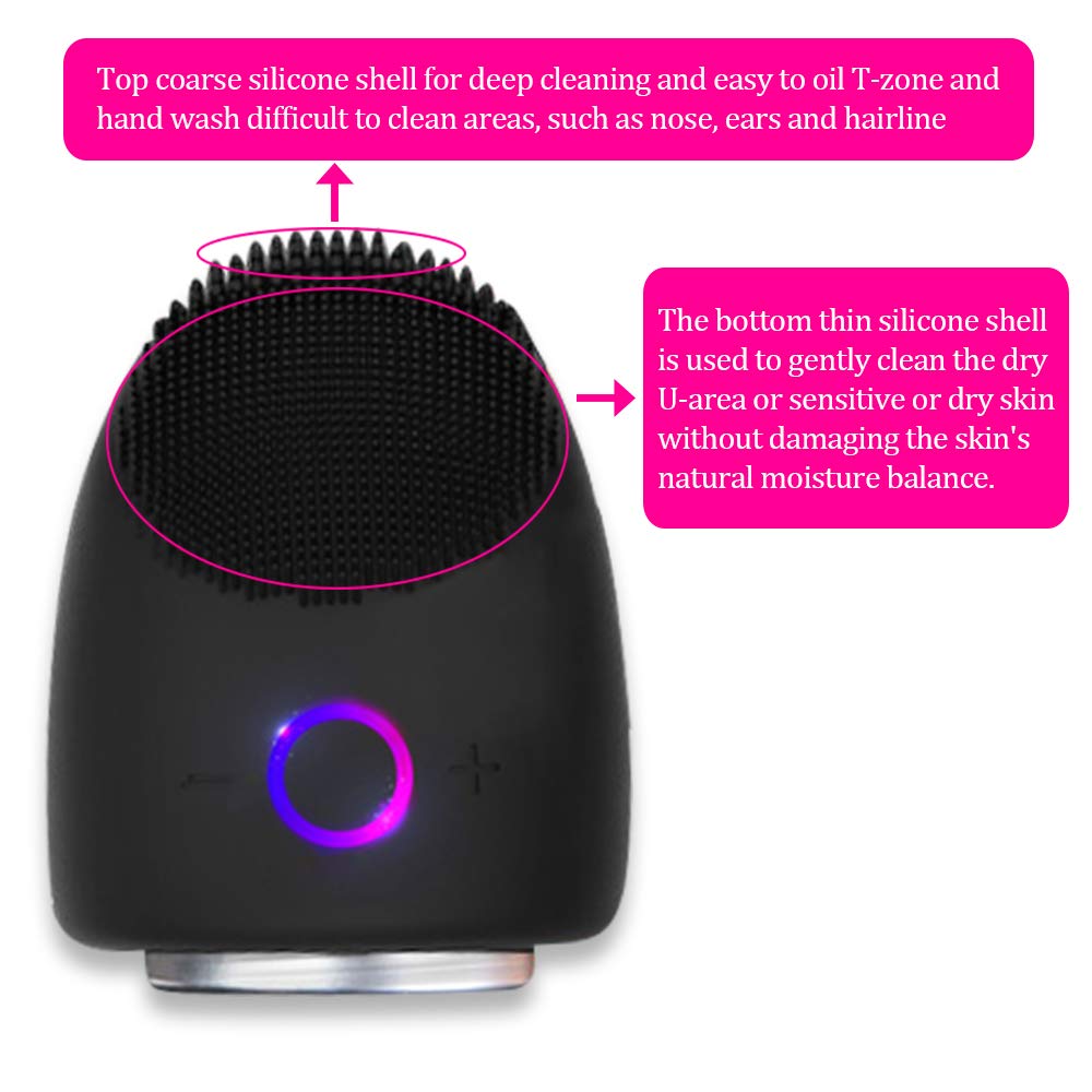 5 in 1 Facial Cleansing Brush Waterproof Rechargeable Mini Silicone Massager for Deep Face Cleansing Reducing Blackhead Acne Anti-Aging Exfoliating Phototherapy Beauty Instrument(black)