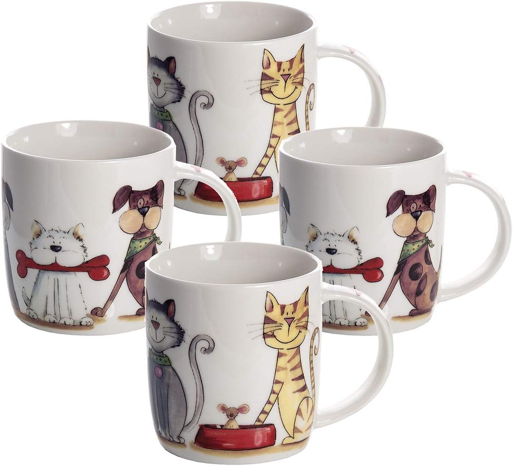 Set of 4 Mugs Cups with Cats and Dogs White Porcelain China Cute Animal