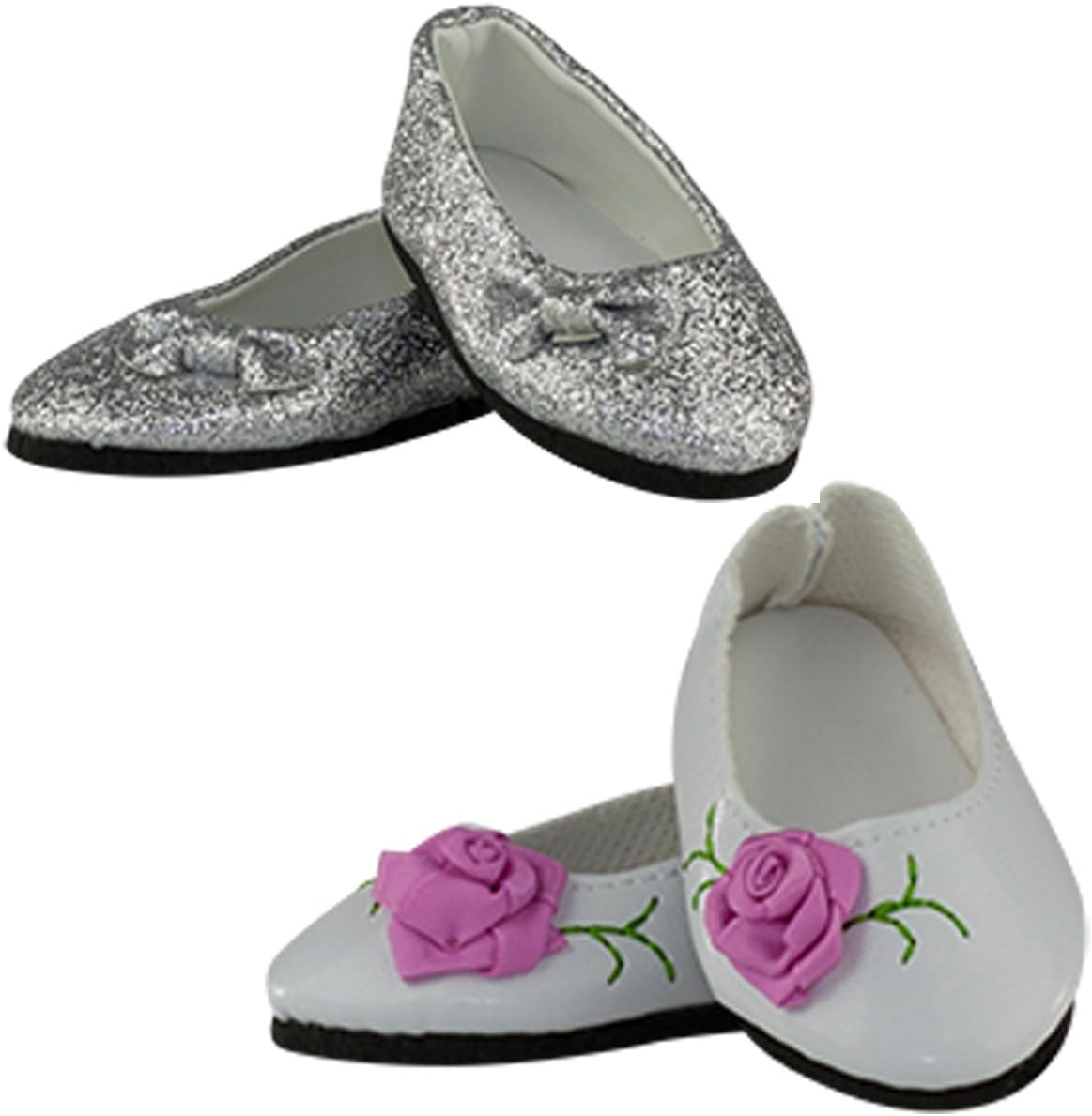MangoPeaches 18" Doll 2 Pairs Shoe Deluxe Set- Princess Silver Glitter Dress Shoes with a Bow and White Dress Shoes with a Pink Rose - Compatible with 18" Dolls - Doll Accessories