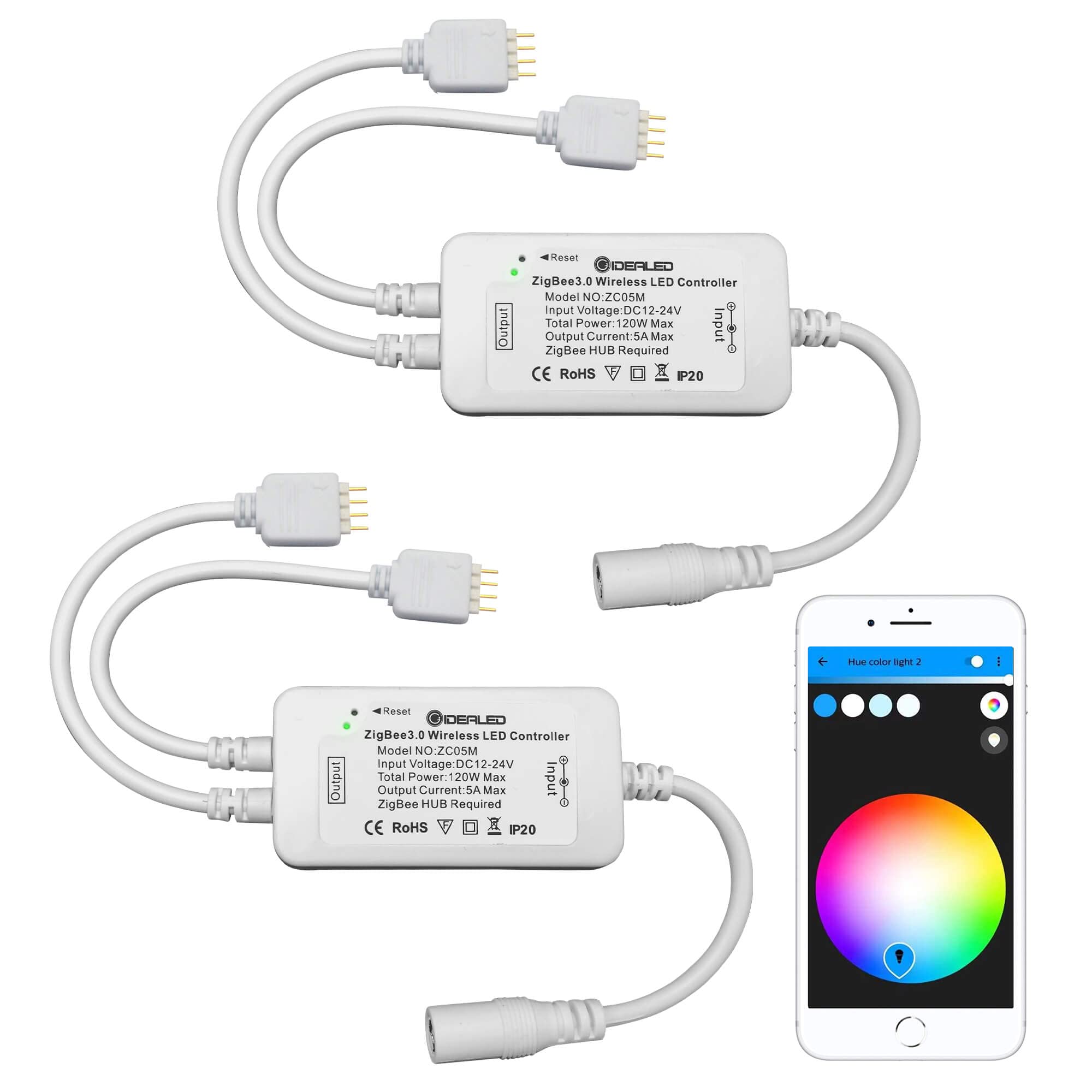 GIDEALED 2 Pack Smart ZigBee 3.0 LED Controller 2-Output for 4 Pin RGB StripLights Dimmable Compatible with Hub Bridge,Echo Plus,Echo Show(2Gen) App/Alexa Voice Control Ambiance Lighting
