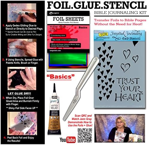 Basics Shiny Foil + Glue + Stencil Package (W/ 6" X 9" Trust Your Heart Stencil) Paperback – January 1, 2017