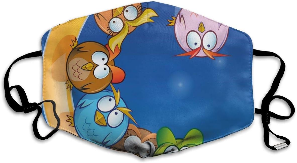 Face Mask,Cartoon Owls Playing On The Moon Stars in The Background Colorful Drawing Style Print,Washable Reusable Breathable Adjustable Windproof Mouth-Muffle