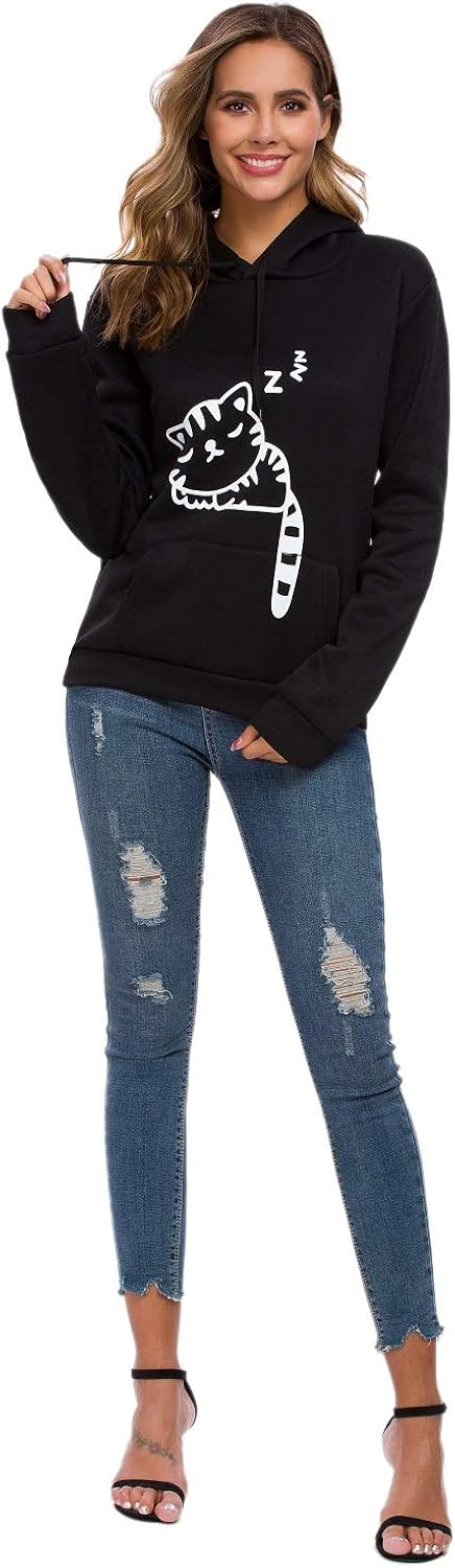 Women Teen Girls Cat Hoodie Sweatshirt Cute Cat Ear Sleeping Cat Printed Pullover Sweatshirt: Clothing