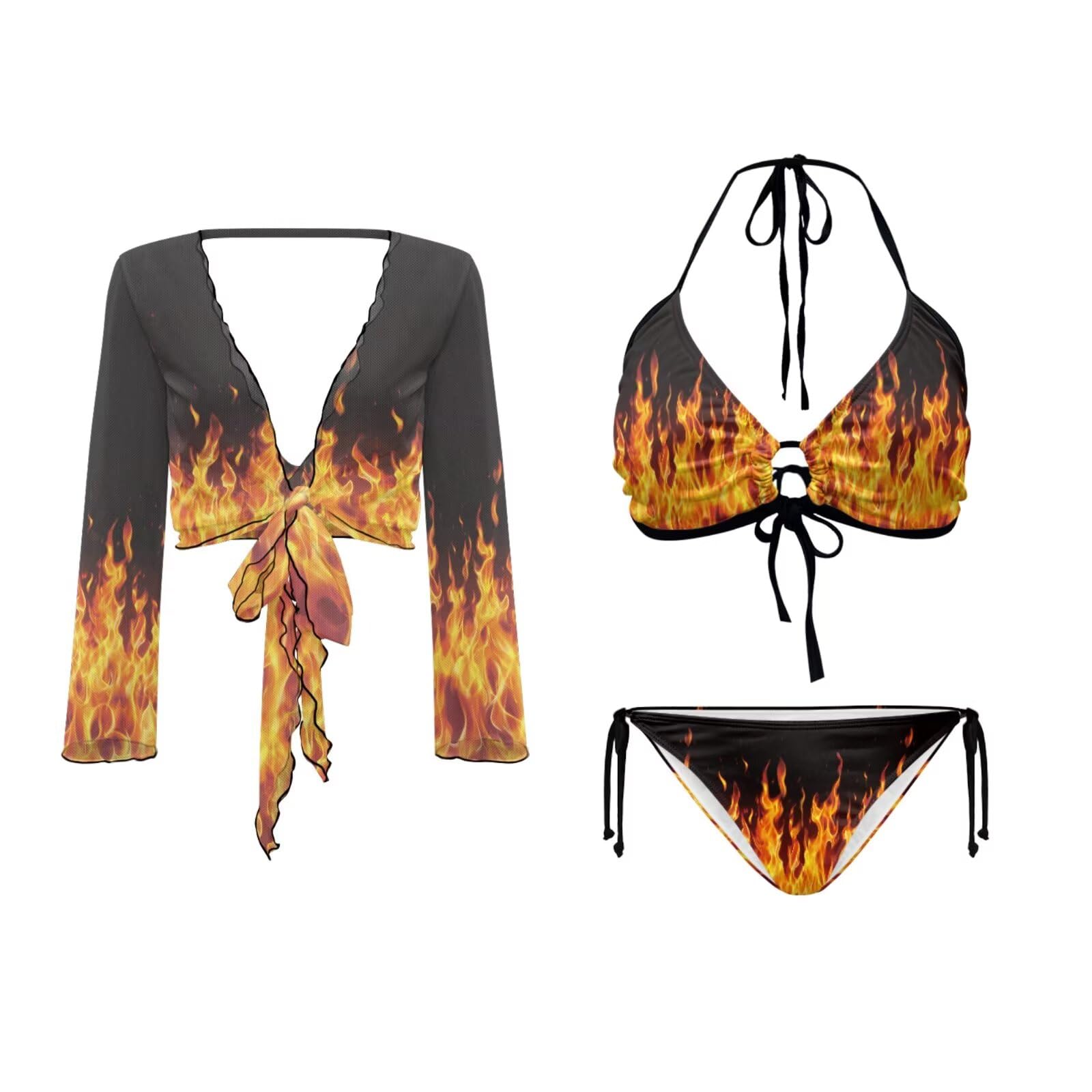 Photo 1 of GETELINSENG Women's 3 Piece Swimsuits Sexy Fire Flame Triangle Tie Bikini Top Bathing Suit Bottom with Long Sleeved Cover Up Top Beach Outfits
