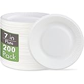 Vplus 100% Compostable Paper Plates, 200 Pack 7 Inch Disposable Paper Plates, Uncoated Biodegradable, Made of Sugar Cane Fibers, Perfect for Sandwich, Cake, and Snack