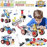 kidpal Building Toys Kit, 5 in 1 STEM Toy with Electric Power Motor for Kid, Educational Construction Learning Toys for Age 5 6 7 8 9 10 11 Year Yr Old Boy, 113 PCS DIY Engineering Building Blocks Toy