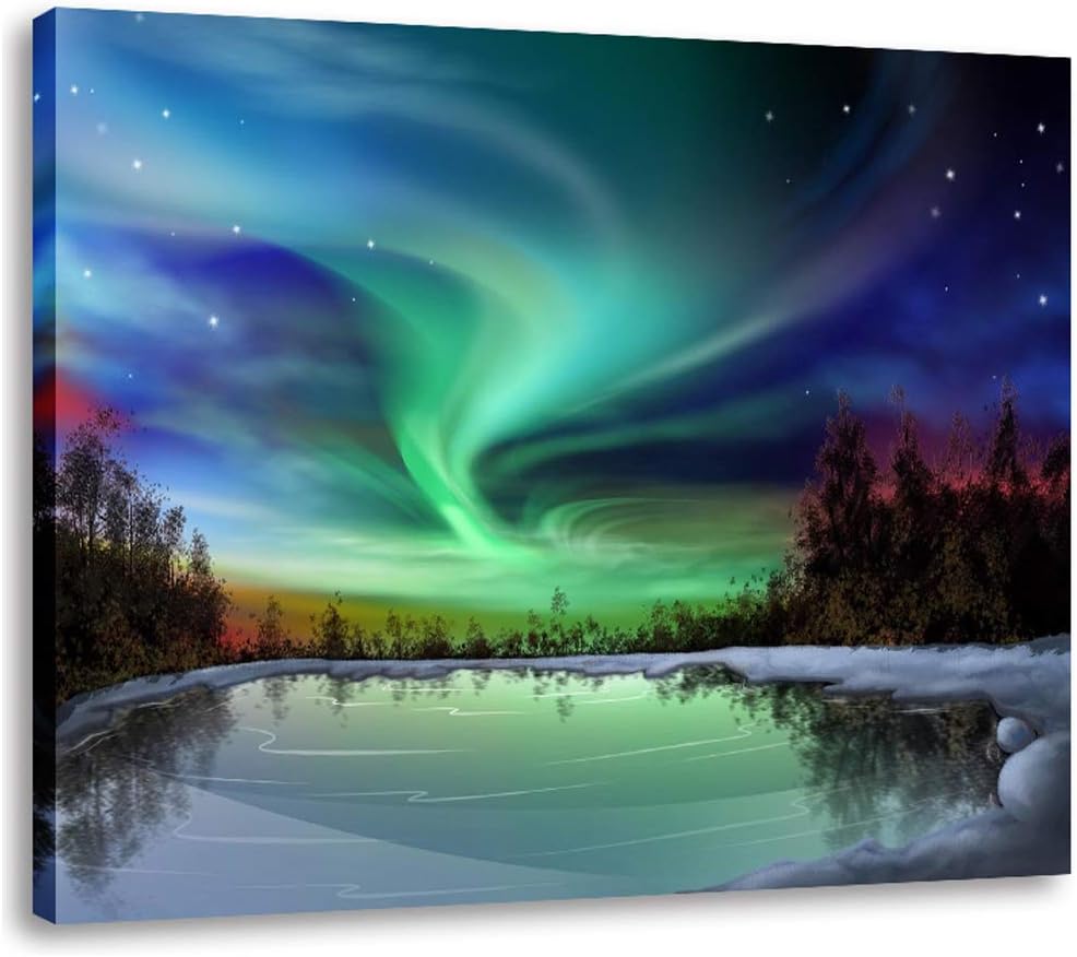 AGCary Northern Lights Picture Wall Decor Aurora Borealis Poster Snow Tree Forest Landscape Painting Wall Art Modern Artwork Print Canvas Painting for Living Room Bedroom Home Decor Ready to Hang