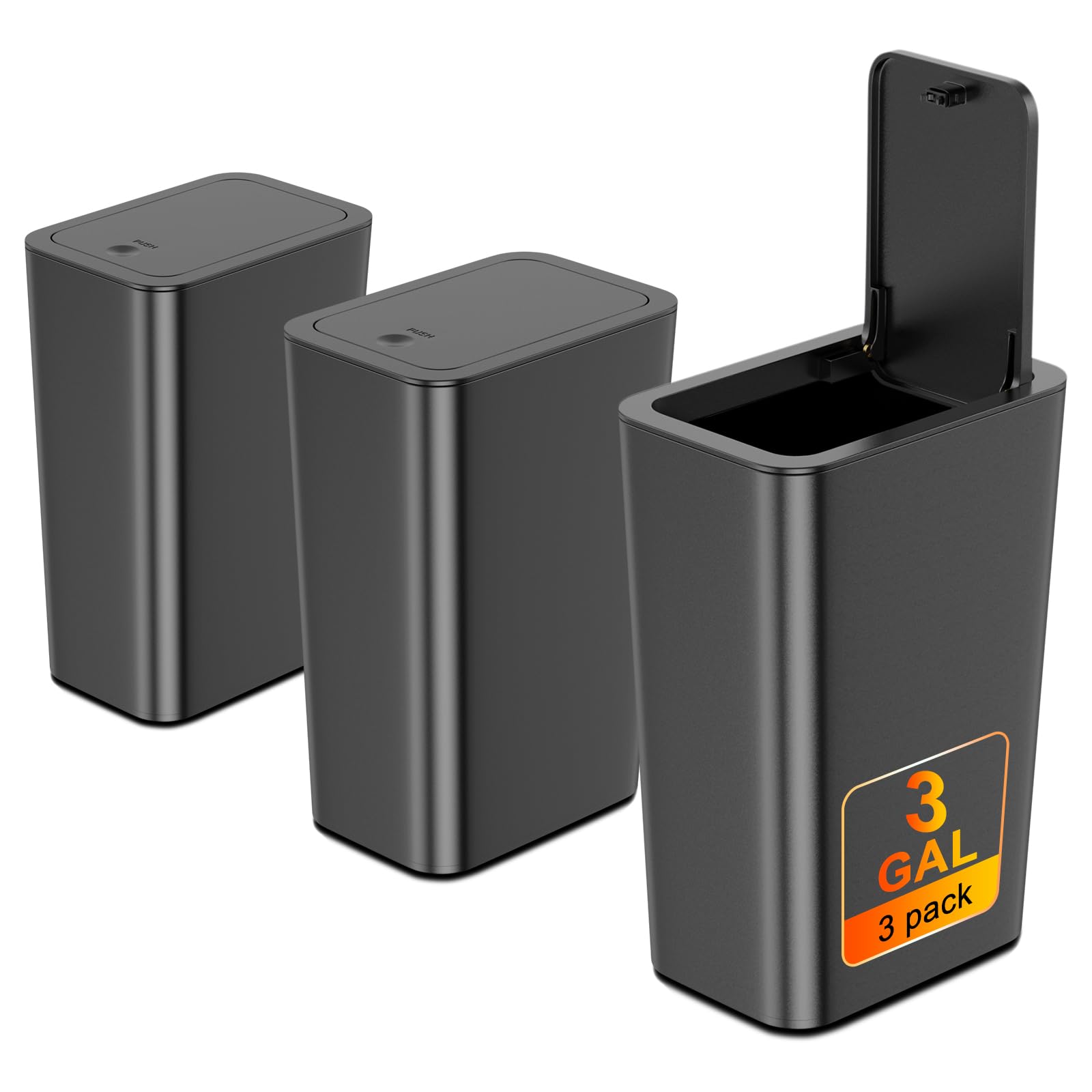 Photo 1 of **SEE NOTES **N. NETDOT 3 Pack 3 Gallon Small Trash Can with Lid, Bathroom Garbage Can with Pop-Up Lid, Waste Basket for Bathroom, Kitchen, Bedroom, Powder Room, Craft Room, Office, College (Black)