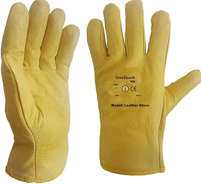 A406 3 Pairs Leather Driver Gloves Fleece Cotton Lined Lorry Work Yellow Large