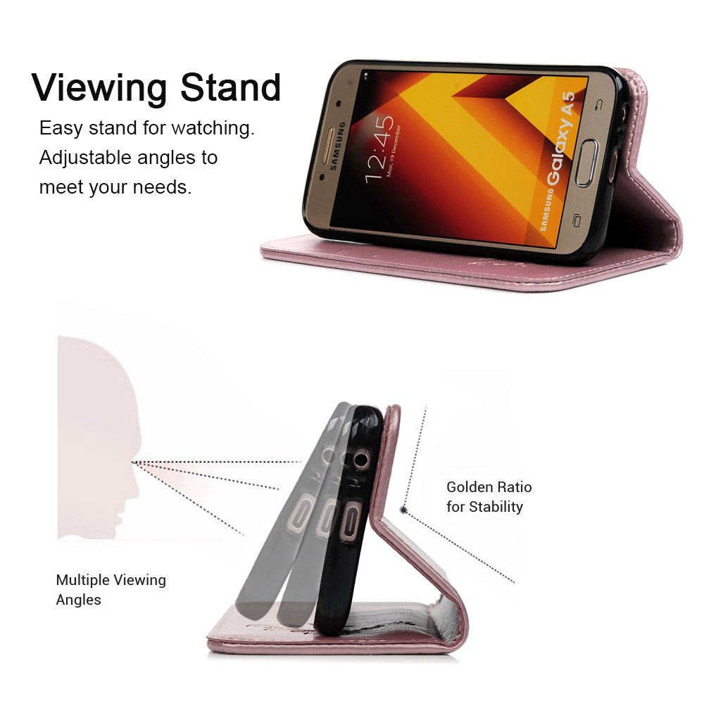 A5 2017 Case - MAXFE.CO for Samsung A5 2017 Case Embossed Butterfly Rose Gold PU Leather Flip Stand Cover Case for Samsung Galaxy A5 2017 (5.2 Inch) with Dual Layer Hand Strap Card Holder [Magnetic Closure] - Rosy Gold