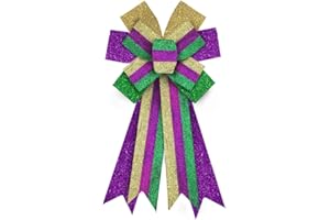 HEUREPPY Mardi Gras Wreath Bows Mardi Gras Decor Bow Purple Green Glitter Srips Burlap Bows for Wreaths, Mardi Gras Ribbon Tree Topper Bows for Mardi Gras Home Indoor Outdoor Decoration Wreath Ornament Supply