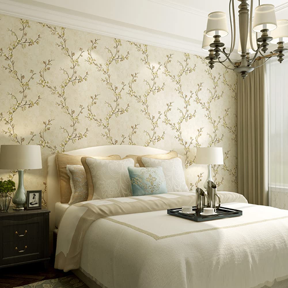 MEAIHOME American Country Non-Woven Wallpaper 3D Retro Pastoral Flower Tree AB Version with Bedroom Living Room Children's Room TV Background Wall 1.73'W x 32.8'L Non-Pasted (Light Yellow A)