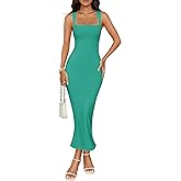 ZESICA Women's Summer Bodycon Midi Dress Sleeveless Square Neck Slim Fit Back Slit Long Cocktail Party Dresses