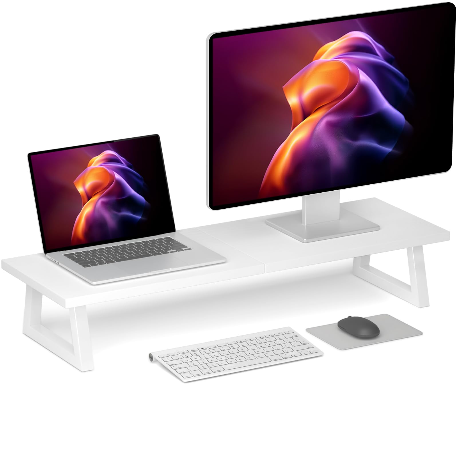 Photo 1 of TEAMIX White Dual Monitor Riser - 31.5 inch Wide TV Stand for 2 Monitors - Wood & Steel Desktop Riser for Dual Screen Office Desk Organization