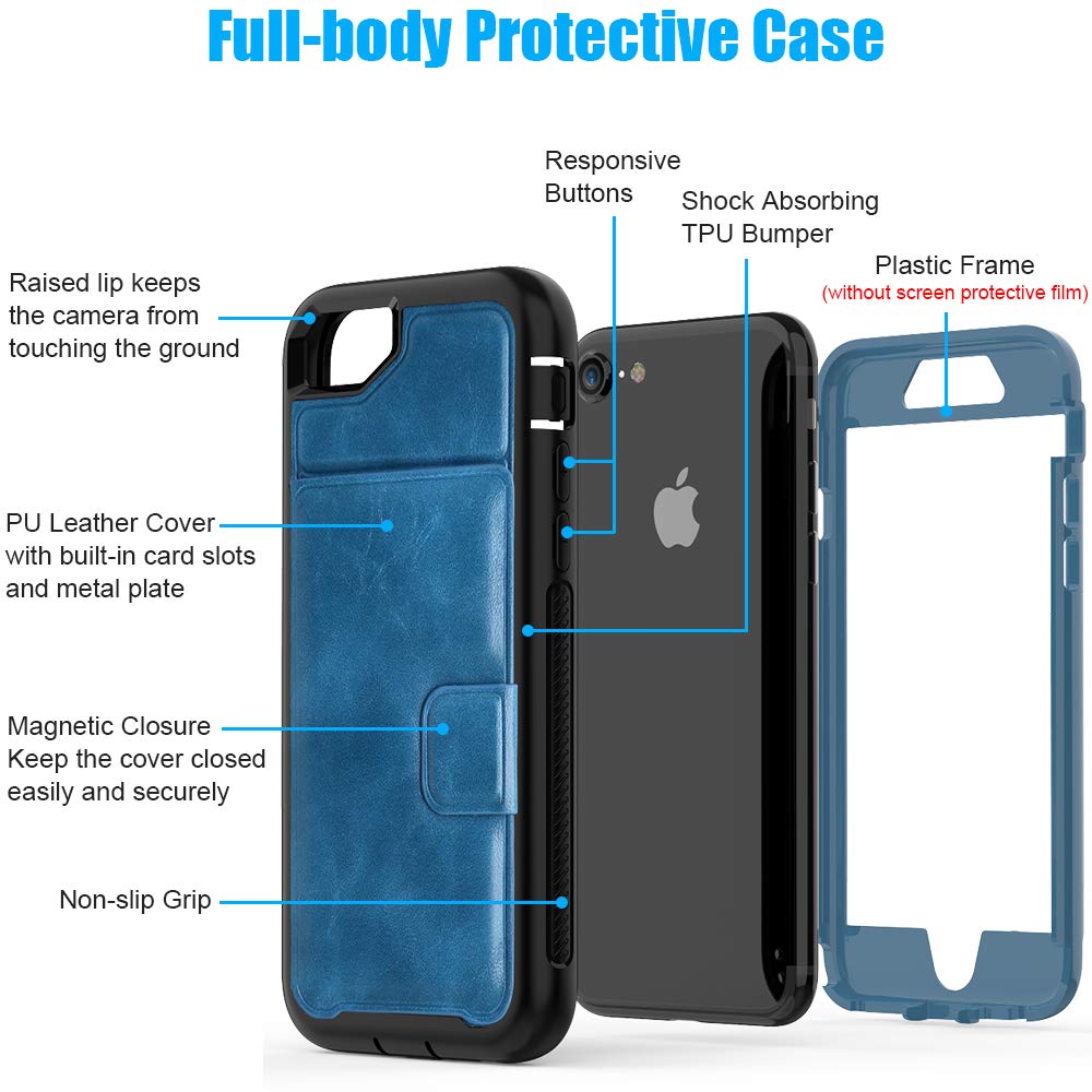 iPhone 8 Case, iPhone 7 Case iPhone 6/6s Wallet Case with Card Slot Holder Shockproof Protective PU Leather Wallet Case for Apple iPhone 8/7/6/6s (4.7 inches) [All Black] (Blue/Black)