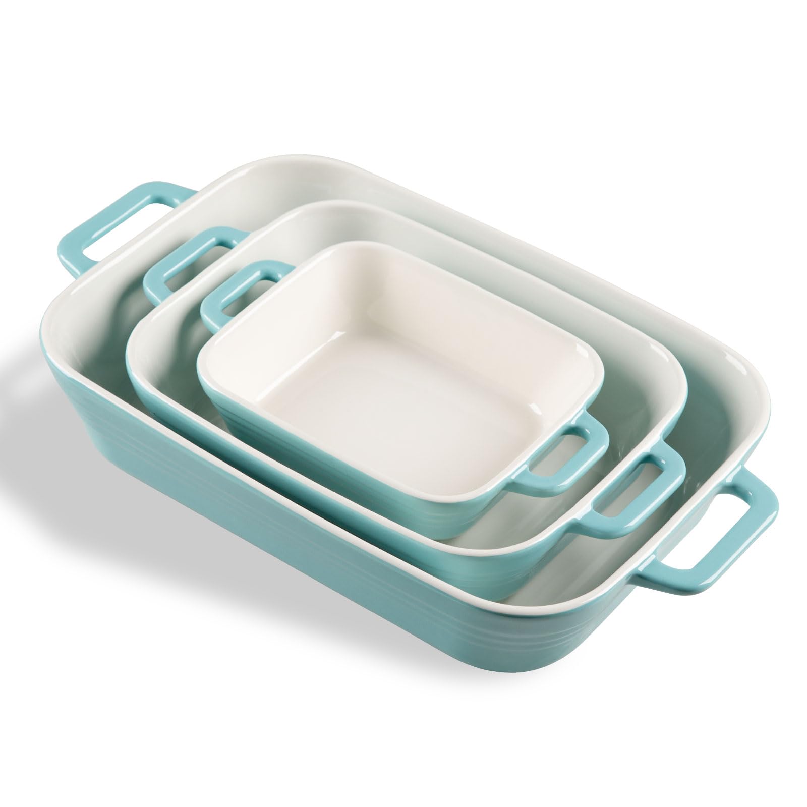 Photo 1 of (BROKEN HANDLE) Sweejar Relief Casserole Dishes for Oven, Ceramic 9x13 Baking Pans Set for Cooking, Cake, Banquet and Daily Use, Rectangular Bakeware Set, Porcelain Baking Dish, Lasagna Pan Deep with Handles(Turquoise)