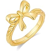 SHANTYSON Bow Rings for Women 14K Gold Plated Adjustable Open Ring Hammered Texture Bowknot Statement Band Ring Trendy Stackable Holiday Jewelry Gifts