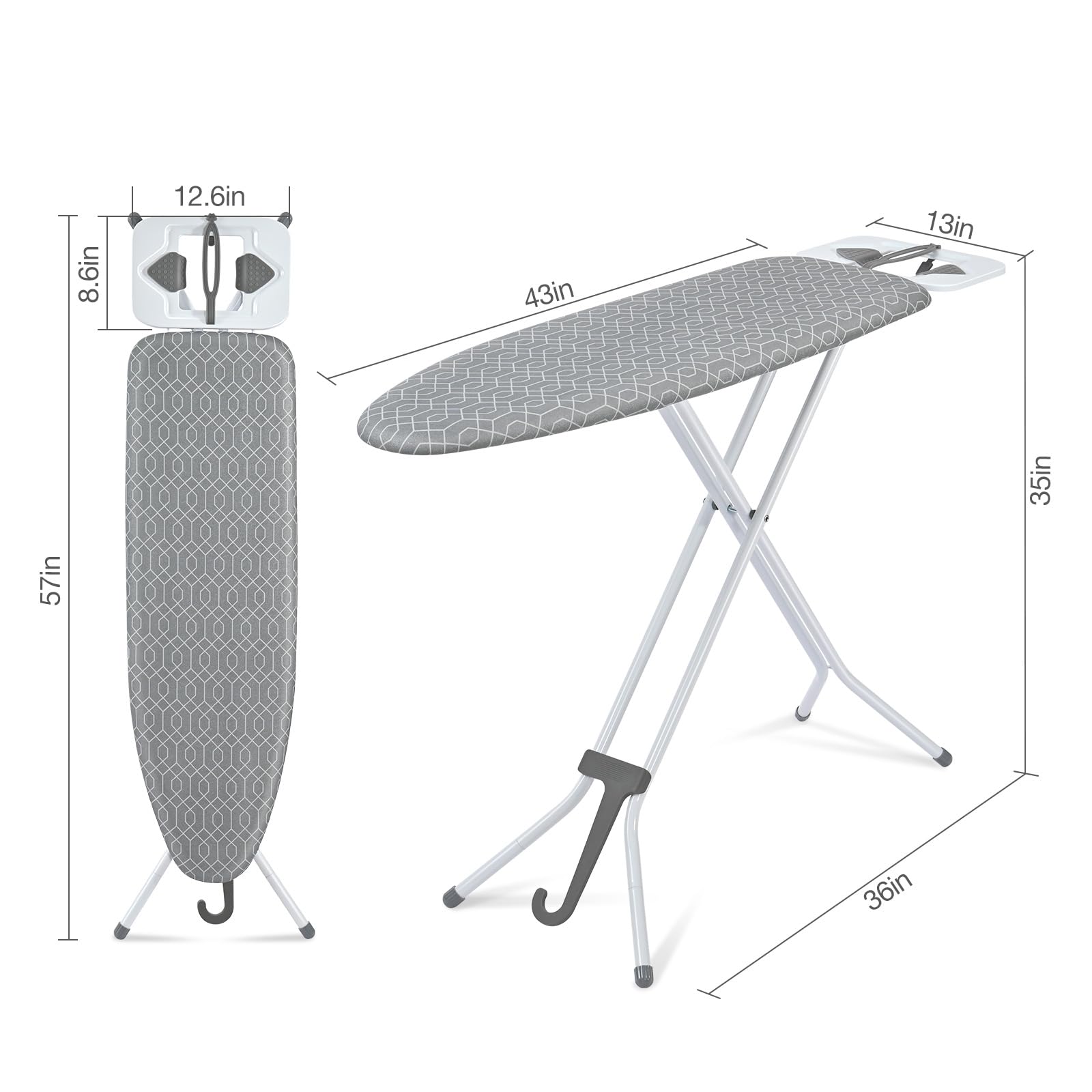 APEXCHASER Ironing Board, Portable Iron Board with Iron Rest, Heat & Scorch Resistant Fabric, Detachable Hook and Rubber Feet,7 Adjustable Heights, Heavy Duty Ironing Board for Home or Dorm Use,Grey
