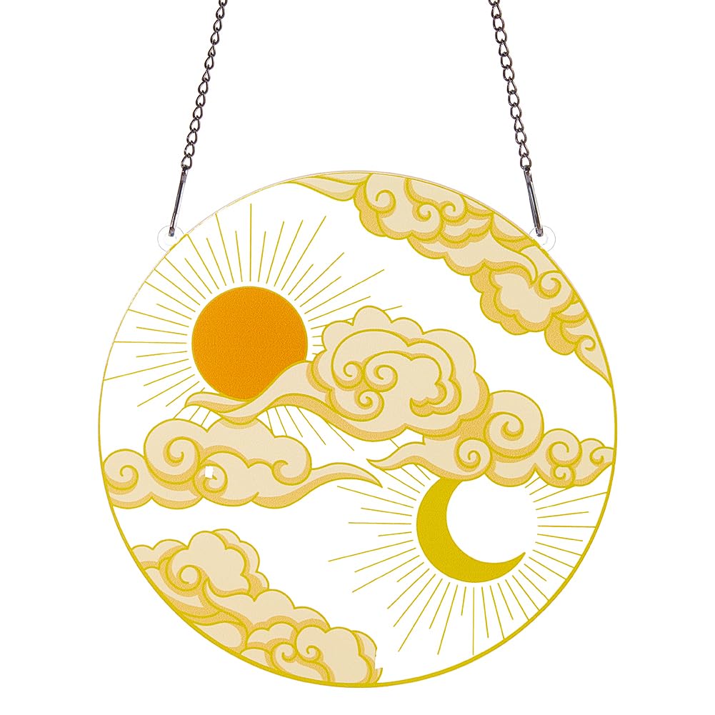 PLIGREAT Suncatchers Sun Moon Clouds Acrylic Stained Glass Sun Catcher Summer Patio Garden Hanging Tree Ornaments for Bedroom Living Room Window Decoration Wall Art Decor Housewarming Memorial Gifts