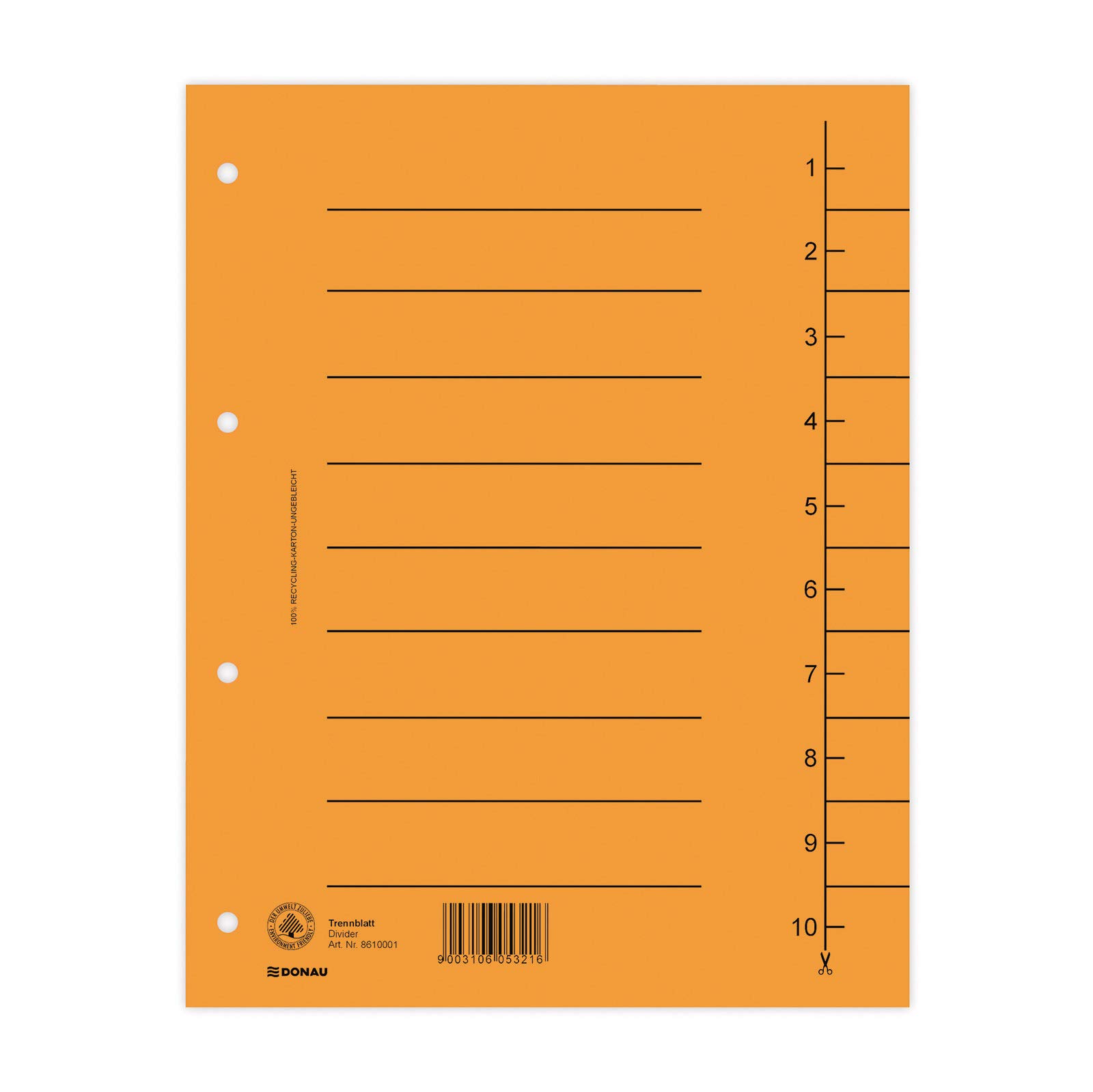 DONAU 8610001-12 Pack of 100 Dividers, Colour: Orange/Cardboard Index, Extra Wide, Made of Recycled Cardboard 250 g/m² with Line Print for DIN A4, 4-Hole Dividers, Dividers, Dividers, Index