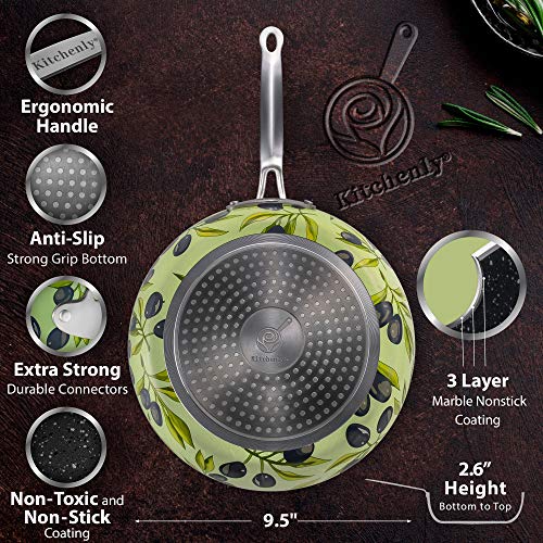 Decorative Green Non Stick Frying Pans Wok - Deep Skillets Induction Ready Hard Anodized Granite Marble Stone Coating Pan 9.5 inch for Cooking ,Baking on Stove or Oven with Stainless Steel Handle - Thumbnail 4