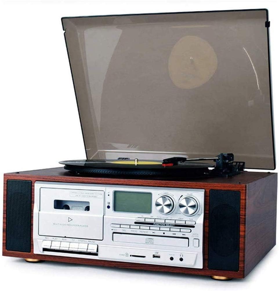 QAZWSXE Retro Record Player,with 3-Speed Turntable and Radio Phonograph CD Tape Radio Automatic Back-arm Anti-Vibration Turntable Simple Design