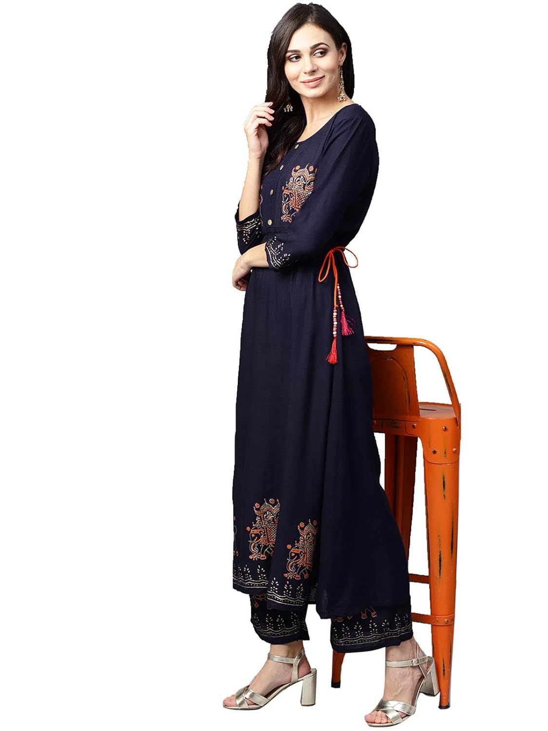 ishin women navy blue viscose rayon printed palazzo kurta set