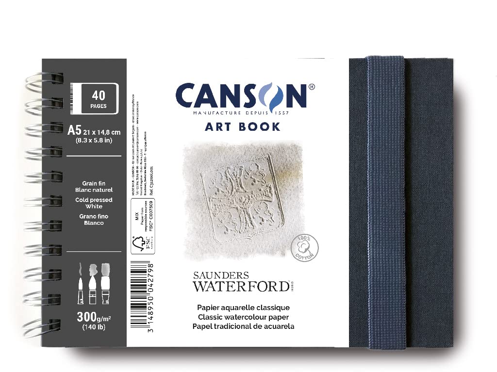 CANSON Professional Art Book, Fine Grain Watercolour Saunders Waterford Paper, 300gsm, A5 Spiral Landscape Notebook, 20 White Sheets, For Professional Artists & Students
