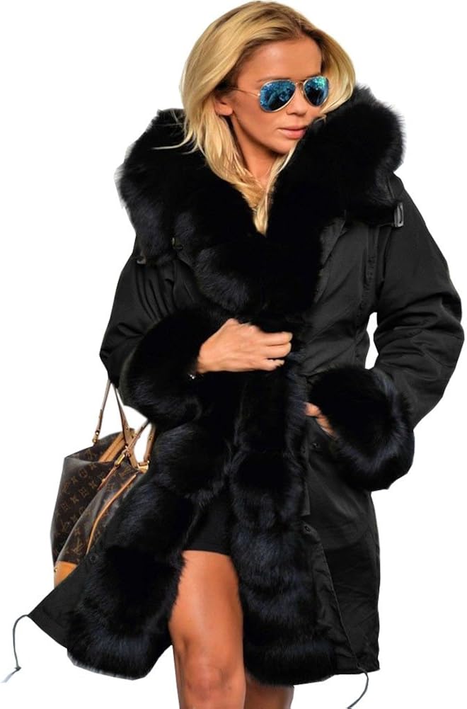 Aofur Womens Hooded Faux Fur Lined Warm Coats Parkas Anoraks Outwear Winter Long Jackets: Clothing