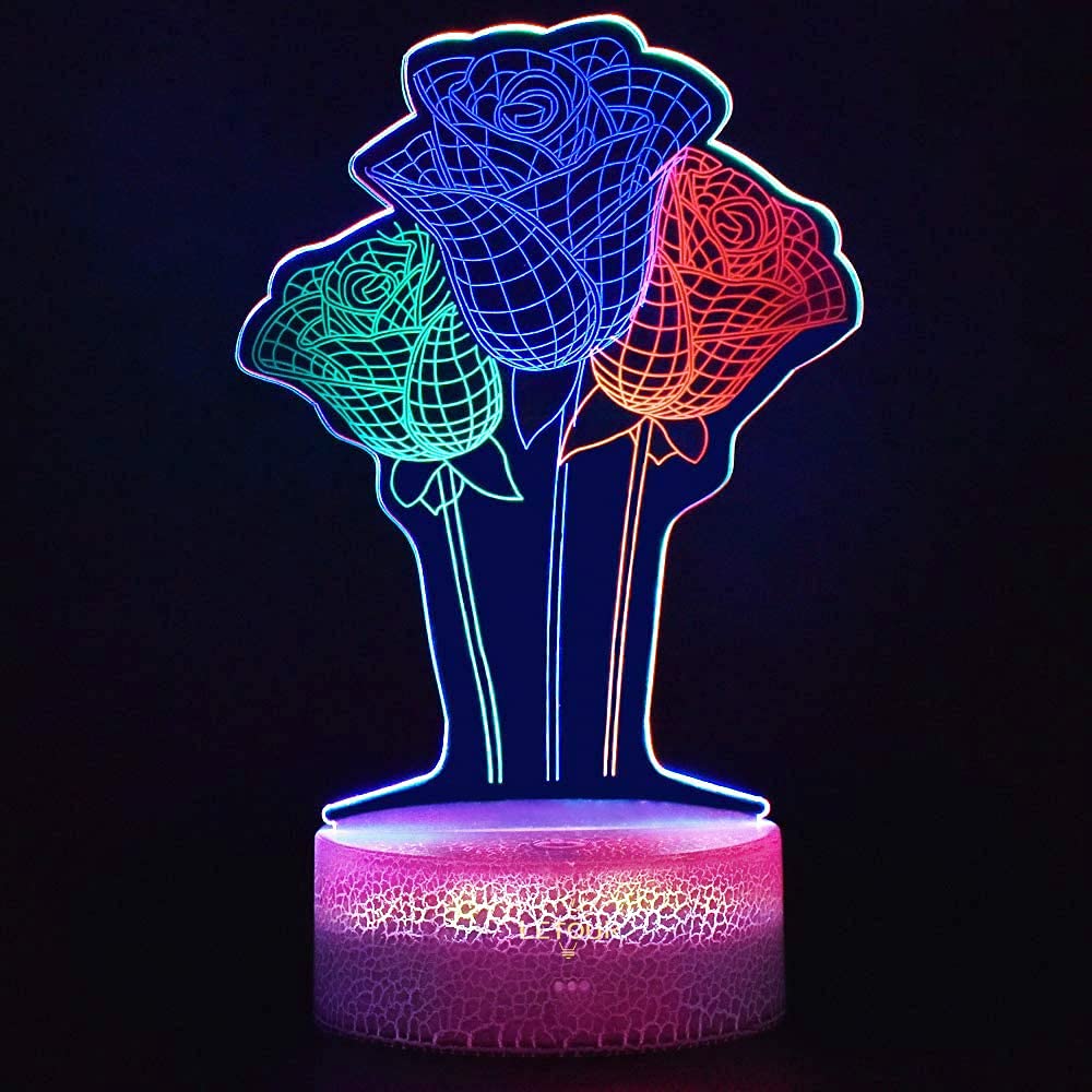 LETOUR Christmas Gifts for Women Girls Gifts for Teen Boys Gifts for Her Birthday Christmas 3D Illusion Lamp Christmas Toy Gift Night Light for Kids Boys Men's Women's, 3D Rose Lamp Bedside Table Lamp