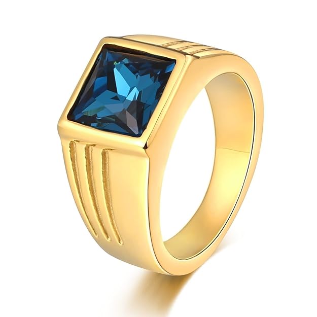 Daesar Herren Ringe Edelstahl Quadrat Rot/Grün/Schwarz/Blau/Gelb Zirkonia Breite 10 MM Partnerring Retro Ring Gold/Silber