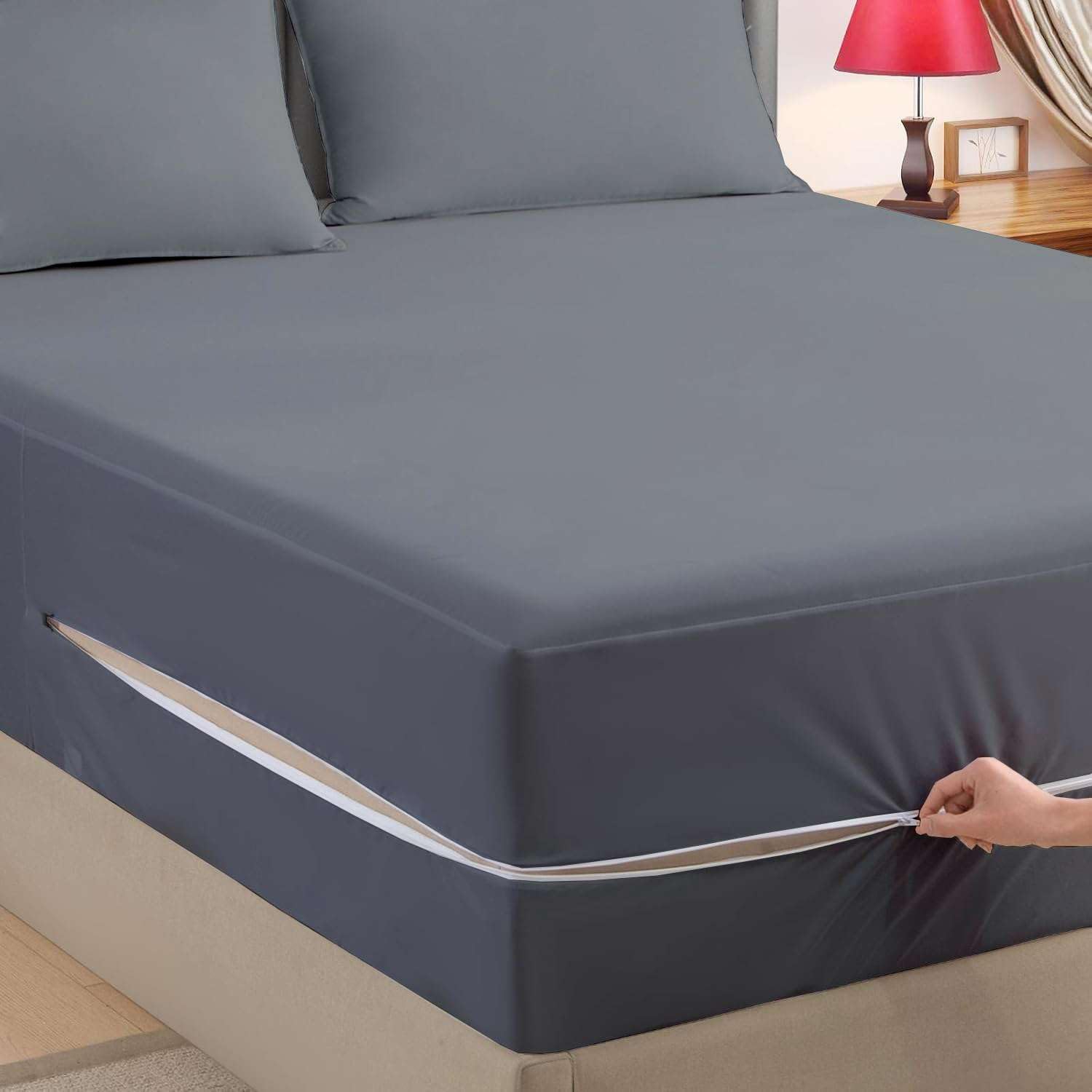 Photo 1 of Cottington Lane 1 Piece Zipper Fitted Sheet Olympic Queen Size, Premium Quality Brushed Microfiber, Ultra Soft Zippered Bottom Sheet Only, 16 Inch Extra Deep Pocket with 6 Sides Coverage, Dark Grey