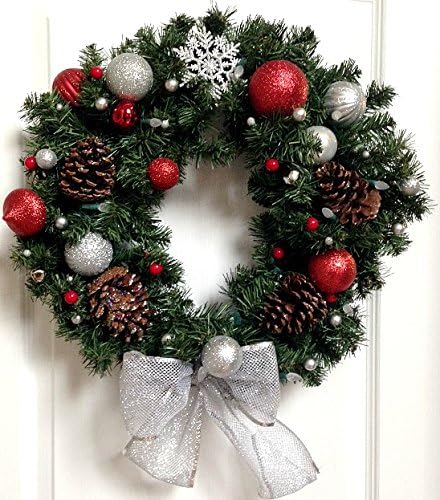 Christmas Wreath with cordless LED lights, red and silver design with natural pine-cones.