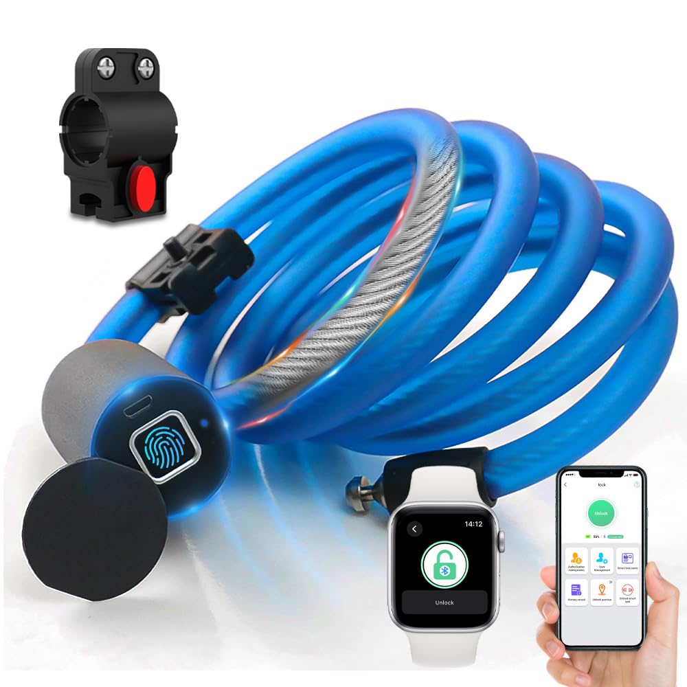 Digital Cable Lock eLinkSmart Bicycle Lock Fingerprint/Phone App, 150cm Long Keyless Steel Cable Lock for Bike, Electric Bike, Scooter, Motorcycle, Door, Waterproof, Remote Authorized, Blue