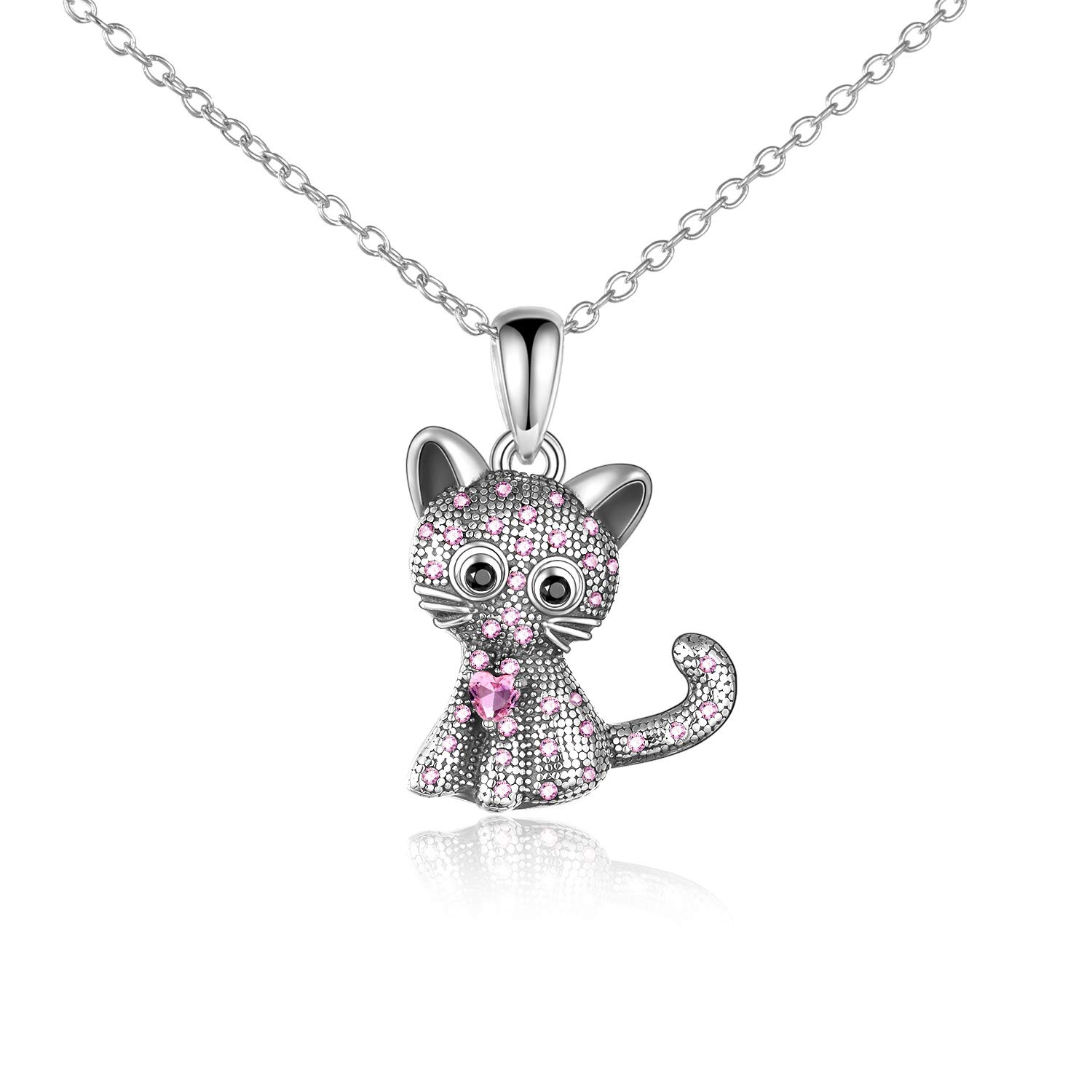 YAFEINI Cute Cat Necklaces for Women 925 Sterling Silver Cat Pendant Necklace Cubic Zirconia Cat Jewellery Gifts for Girls (Pink)