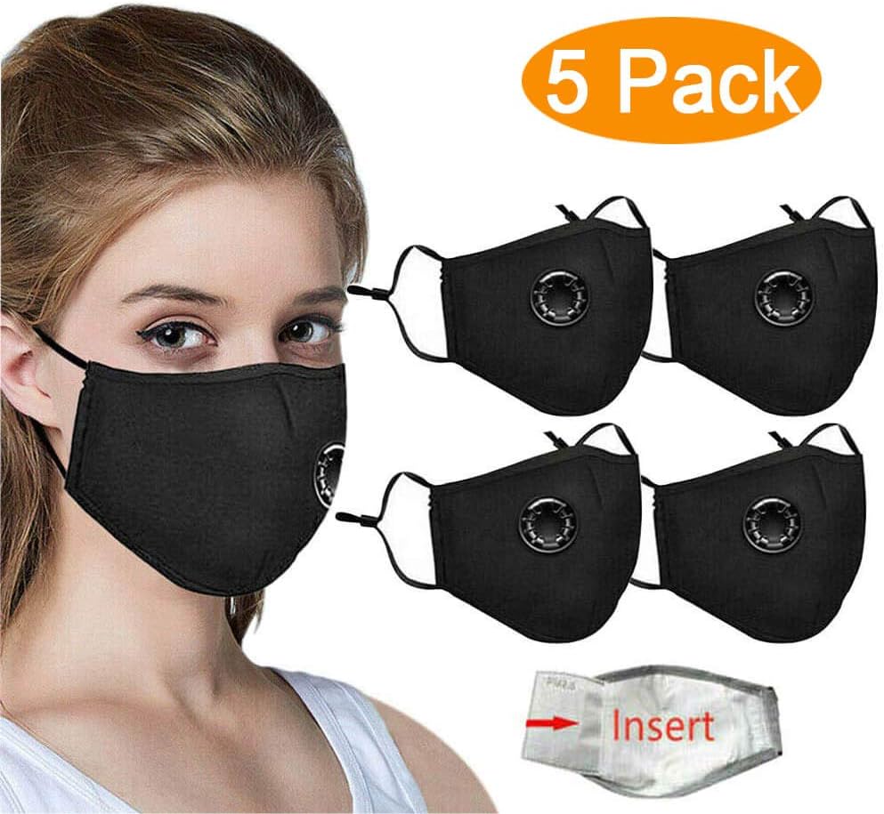 5 Pack Face Cover with Breathing – Washable Reusable Mouth Shield Black– Protection from Dust, Air Pollution