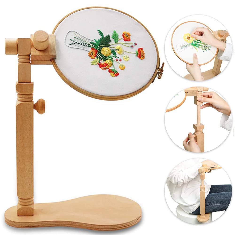 guofa Embroidery Frames and Stands, Adjustable Cross Stitch Frames and Stands, Natural Beech Wood Embroidery Hoop Holder Stand, Sitting Embroidery Hoop for Art Craft Sewing Projects
