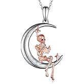 Daixiya Skeleton Necklace 925 Sterling Silver Skeleton Moon Pendant Necklace Skull Gothic Jewelry Gifts for Women