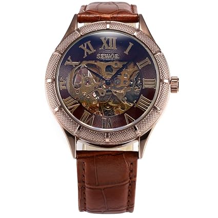 Bernsuisse Sewor Genuine Leather Transparent Mechanical Skeleton Hand Wind Wristwatch for Men - 331 Brown Gold