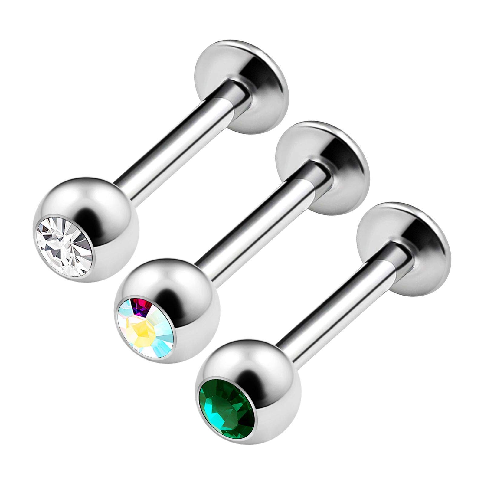 KJM FASHION 3PCS Surgical Steel Labret Lip Ring 14 Gauge 5/16 8mm 4mm Crystal Ball Marilyn Monroe Earring Auricle Piercing Jewellery 3274