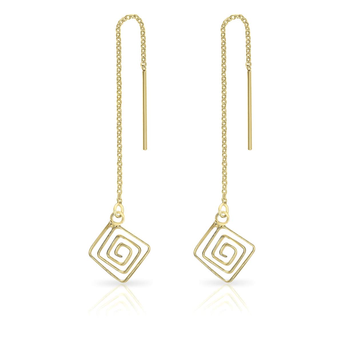 DTPsilver® 925 Sterling Silver Yellow Gold Plated Pull Through/Thread Style Drop Chain Earrings and Square Swirl Spiral - Length: 82 mm - Spiral Diameter: 12 mm