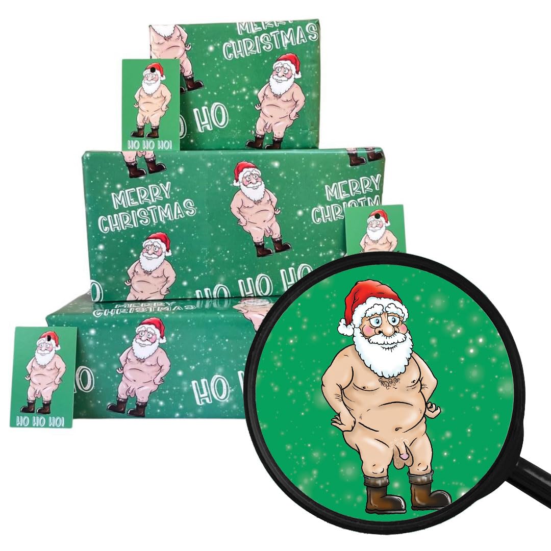 Christmas Wrapping Paper Sheets + Gift Tags (Pack 6) Funny Rude Novelty Naked Santa Design for Men & Women