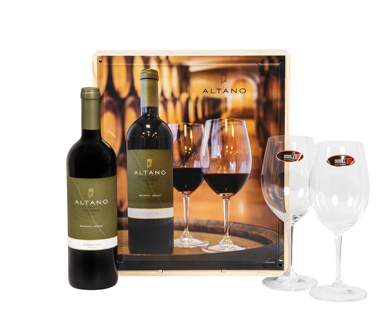 Altano Organic Red Wine 75cl Gift Set with Riedel Glasses and Metal Cellar View Lid